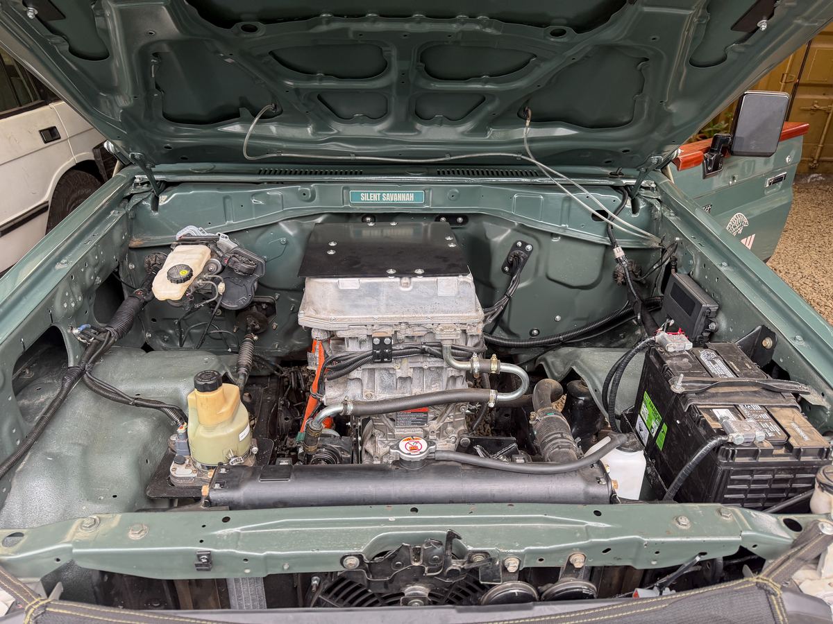 Electric Land Cruiser conversion kit installed in the engine bay