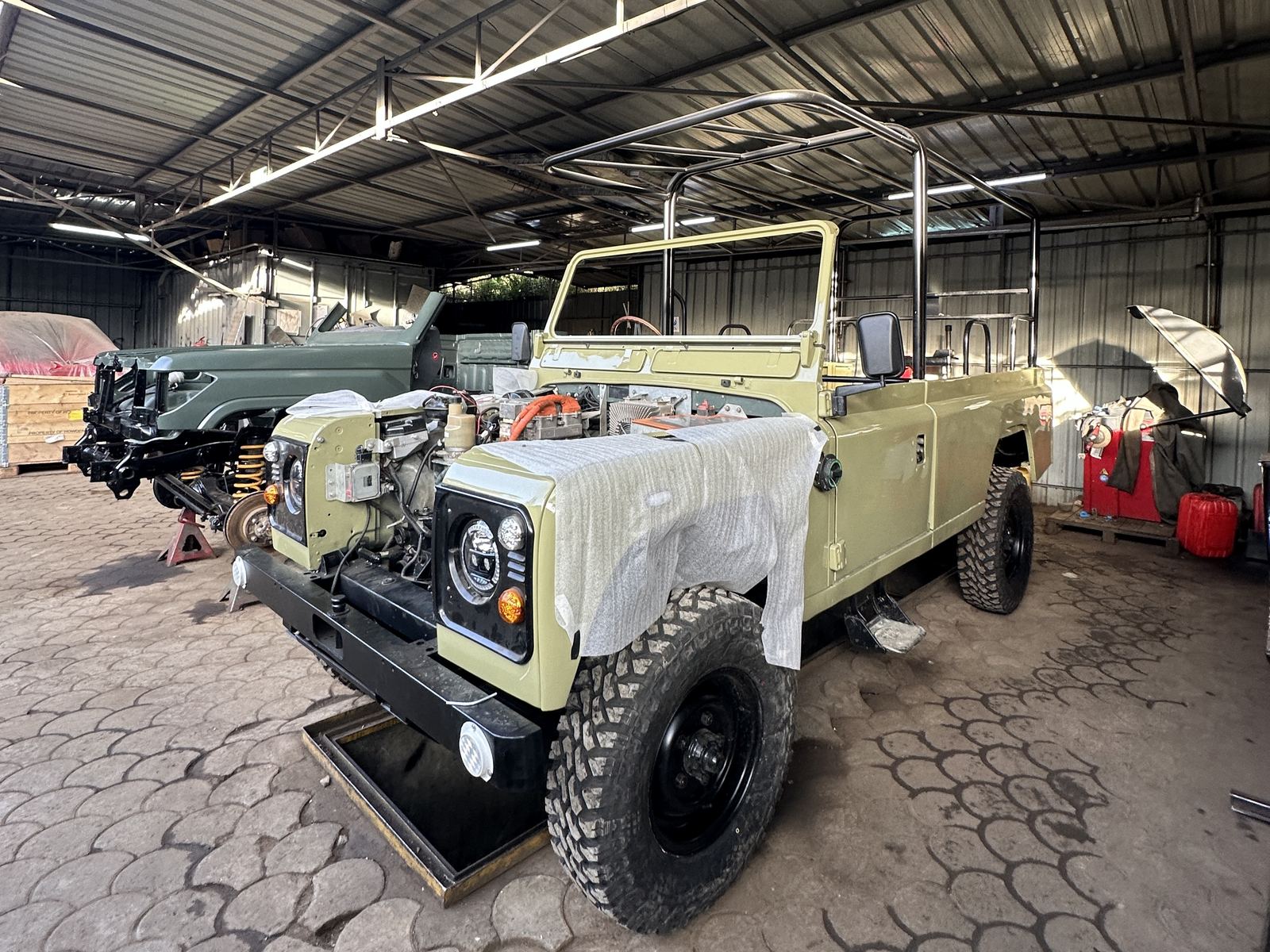 Land Rover Defender during an electric conversion at the Silent Savannah workshop